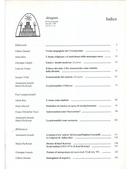 Átopon. Psicoantropologia Simbolica e Tradizioni Religiose